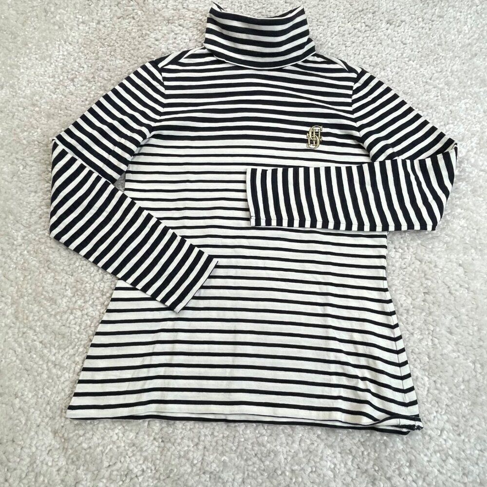 Caroline Herrera Navy Blue Ivory Stripe Embroidery Logo Turtleneck FLAW